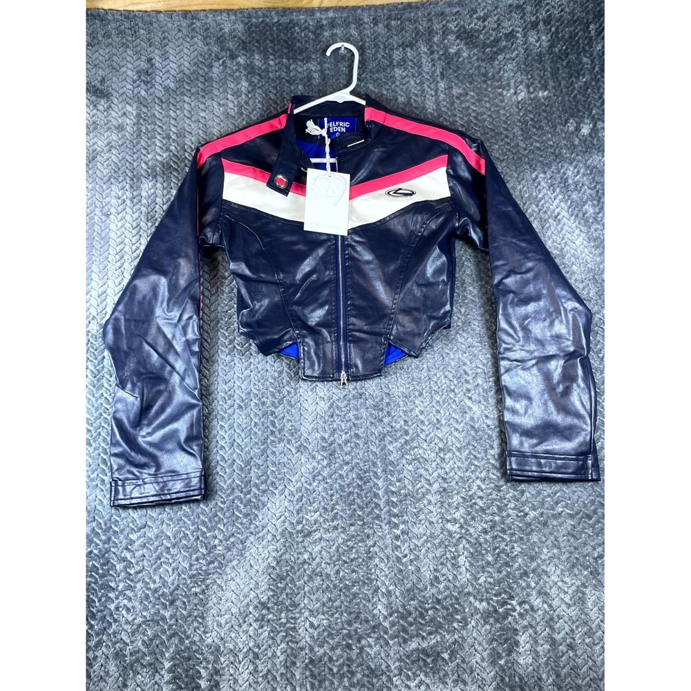 Elfric Eden Motorcycle Biker Jacket Womens Small Black Faux Leather Cropped
